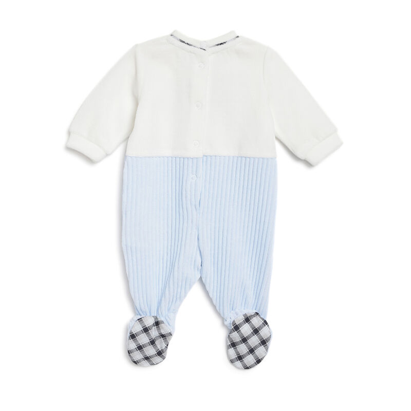 Boys White and Light Blue Applique Leg Opening Babysuit image number 1